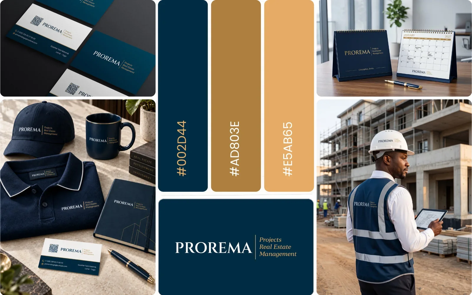 Identité visuelle PROREMA déclinée sur cartes de visite, textile, calendrier et tenue de chantier