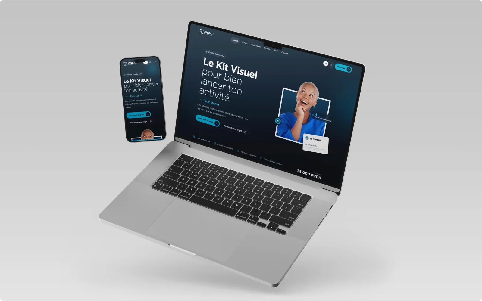 Landing page JOSCART « Le Kit Visuel » affichée sur ordinateur portable et smartphone